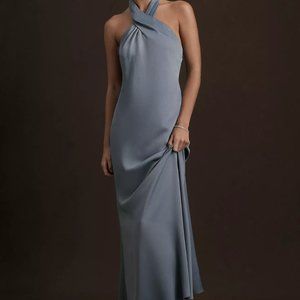 BHLDN Ruby Twist Halter Satin Gown DUSTY BLUE